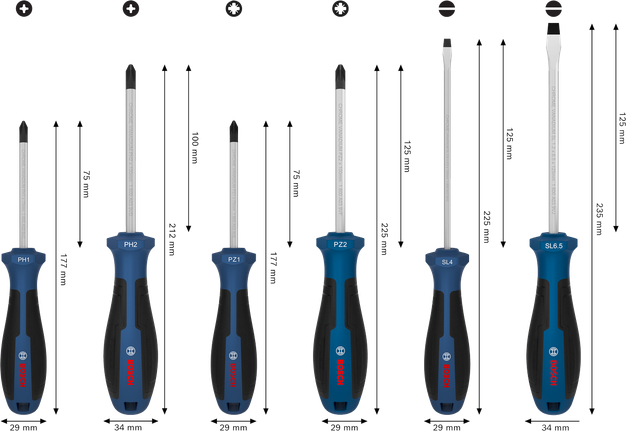 Set obeng Bosch PH/PZ/SL, 6 buah dengan gagang krom vanadium.